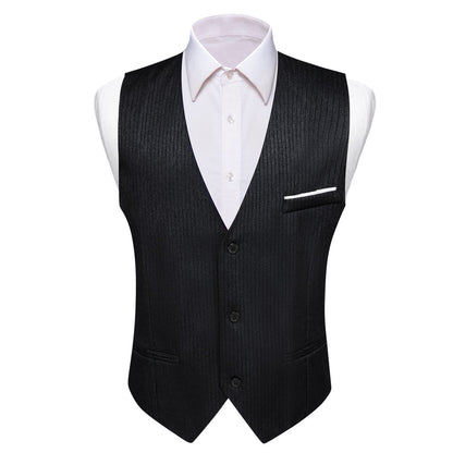 Black Solid Men's V Neck Vest Set vest set S (Chest 40")   - Sophisticated Gentlemen