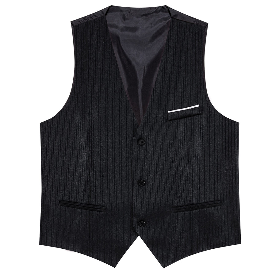 Black Solid Men's V Neck Vest Set vest set    - Sophisticated Gentlemen