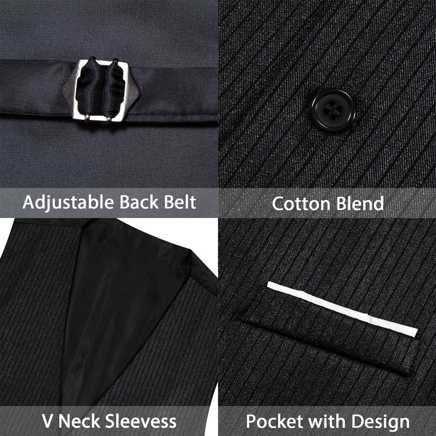 Black Solid Men's V Neck Vest Set vest set    - Sophisticated Gentlemen