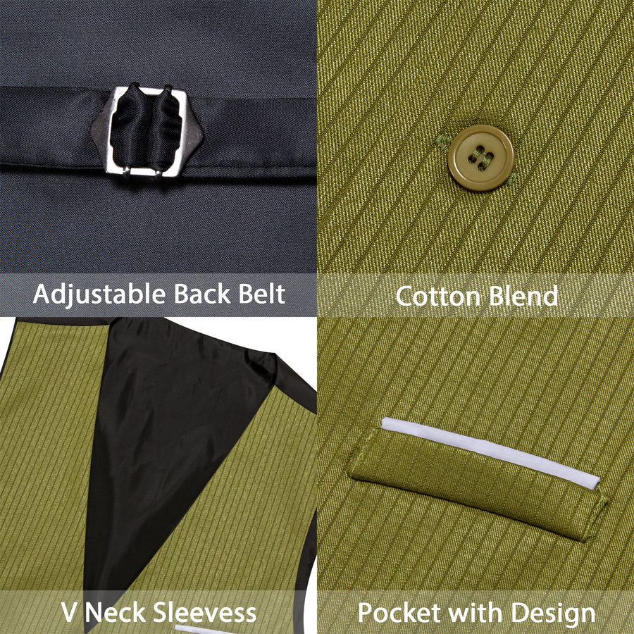 Olive Green Solid V Neck Vest Set vest set    - Sophisticated Gentlemen