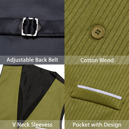 Olive Green Solid V Neck Vest Set vest set    - Sophisticated Gentlemen