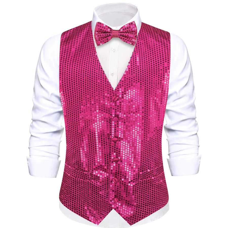 Shining Deep Pink Sequins Bowtie Vest Set vest set S (Chest 40")   - Sophisticated Gentlemen