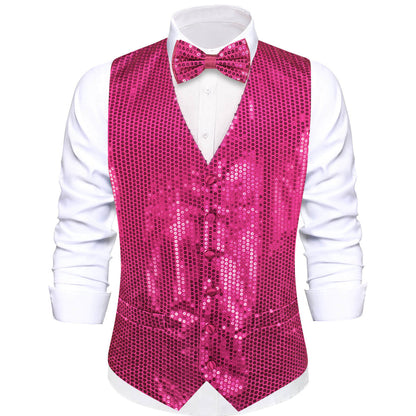 Shining Deep Pink Sequins Bowtie Vest Set vest set S (Chest 40")   - Sophisticated Gentlemen
