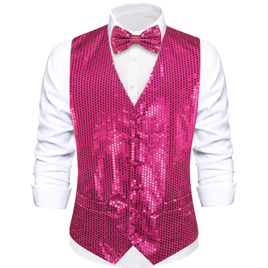 Shining Deep Pink Sequins Bowtie Vest Set vest set S (Chest 40")   - Sophisticated Gentlemen