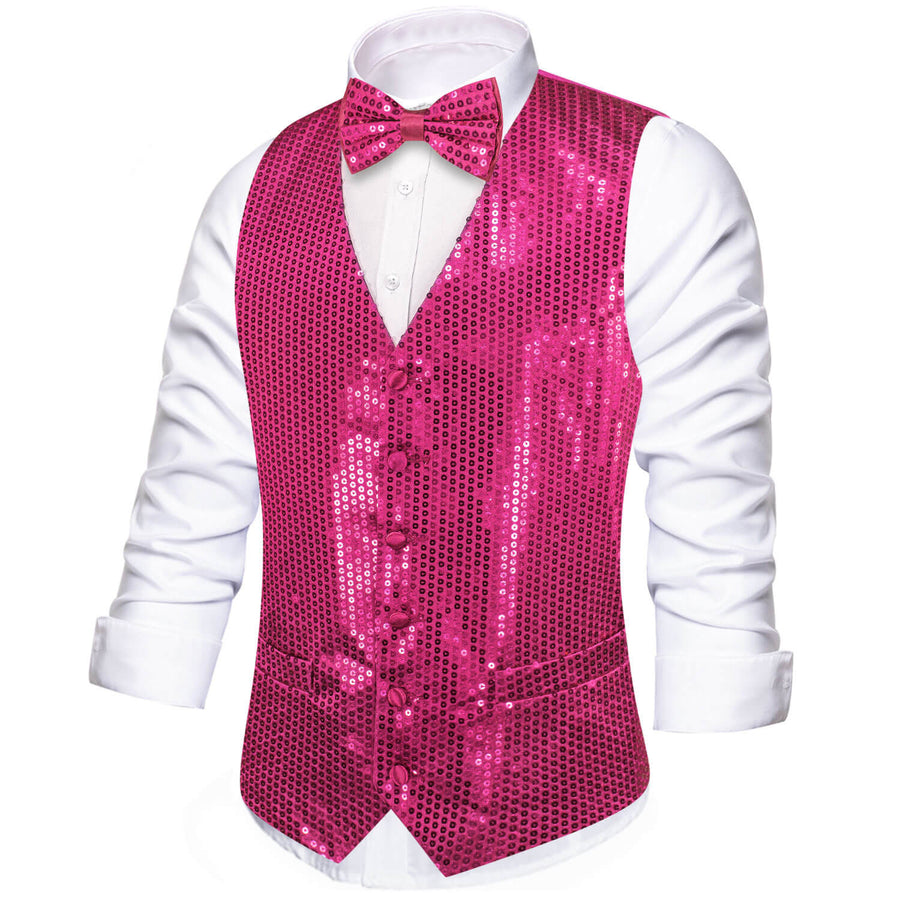 Shining Deep Pink Sequins Bowtie Vest Set vest set    - Sophisticated Gentlemen