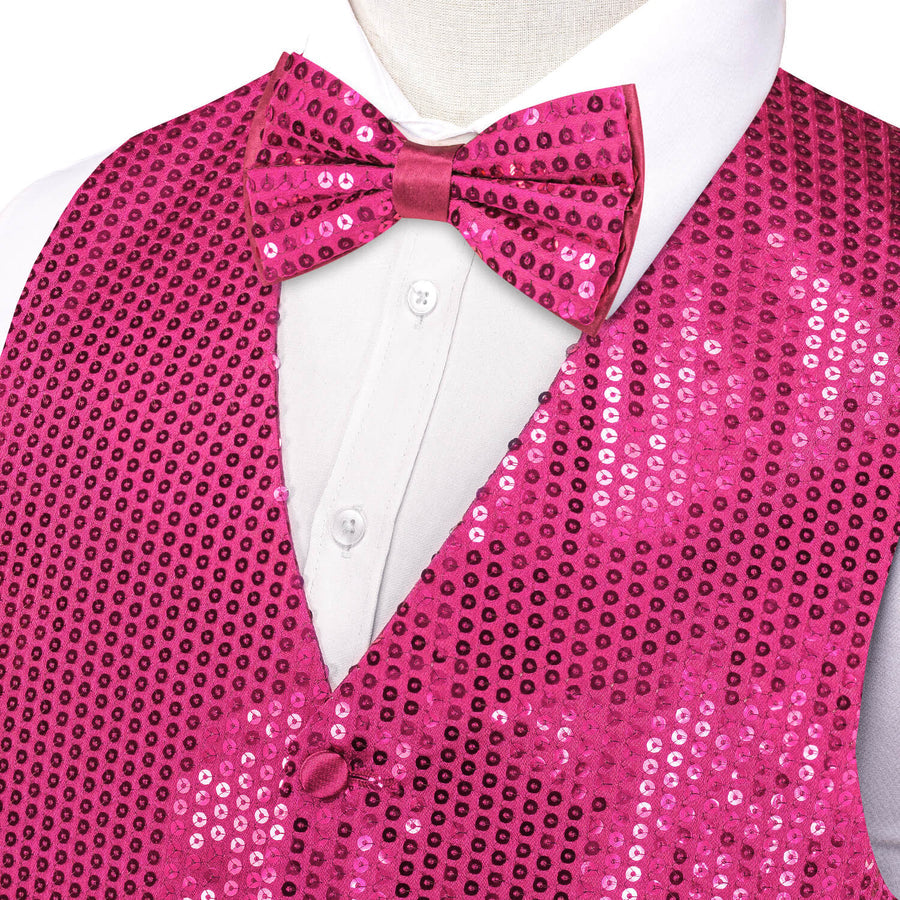 Shining Deep Pink Sequins Bowtie Vest Set vest set    - Sophisticated Gentlemen