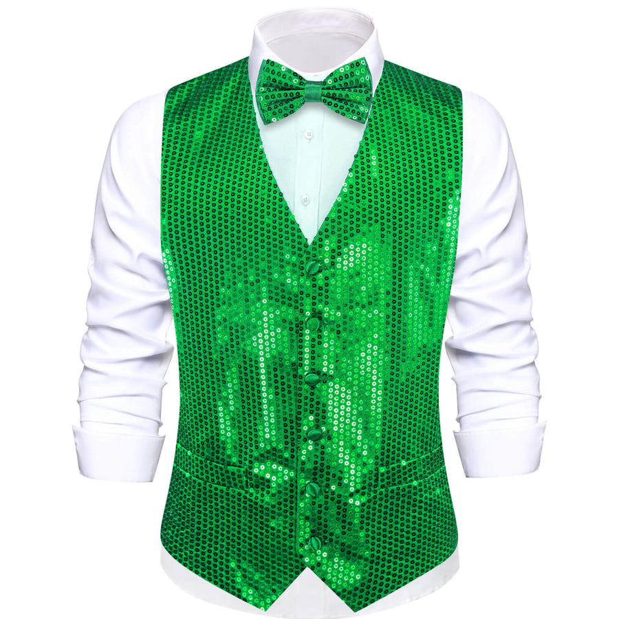 Shining Lime Green Sequins Bowtie Vest Set vest set S (Chest 40")   - Sophisticated Gentlemen