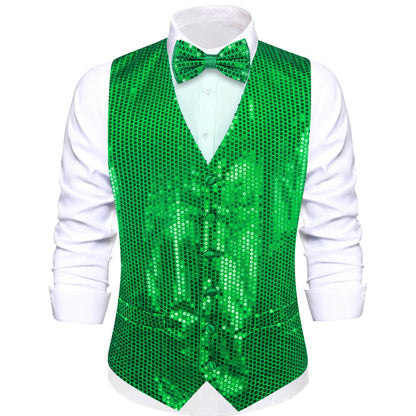 Shining Lime Green Sequins Bowtie Vest Set vest set S (Chest 40")   - Sophisticated Gentlemen