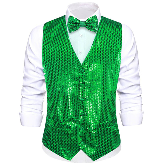 Shining Lime Green Sequins Bowtie Vest Set vest set S (Chest 40")   - Sophisticated Gentlemen