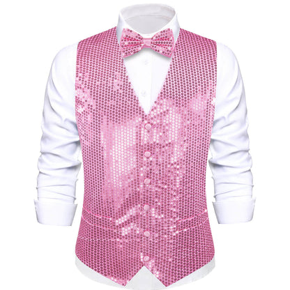 Shining Taffy Pink Sequins Bowtie Vest Set vest set S (Chest 40")   - Sophisticated Gentlemen