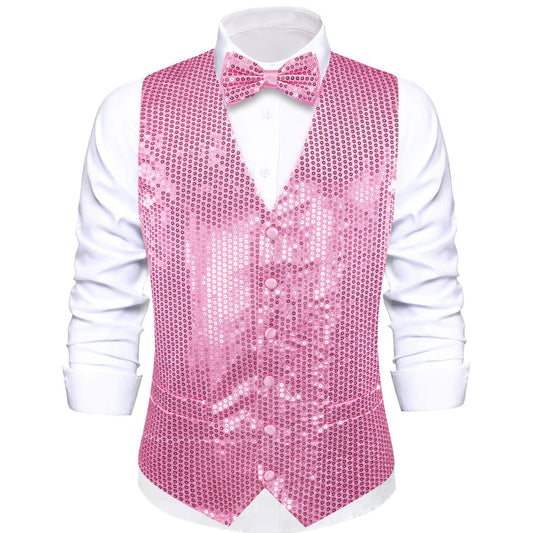 Shining Taffy Pink Sequins Bowtie Vest Set vest set S (Chest 40")   - Sophisticated Gentlemen