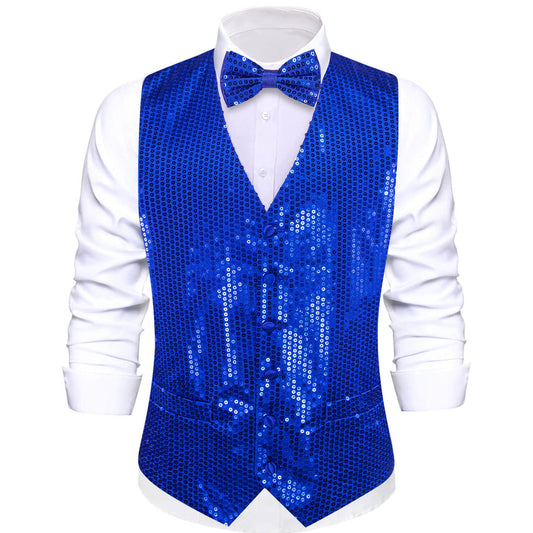 Shining Sapphire Blue Sequins Bowtie Vest Set vest set S (Chest 40")   - Sophisticated Gentlemen