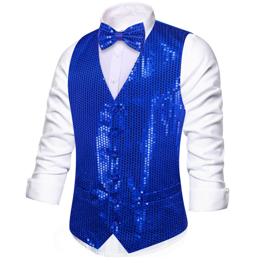 Shining Sapphire Blue Sequins Bowtie Vest Set vest set    - Sophisticated Gentlemen