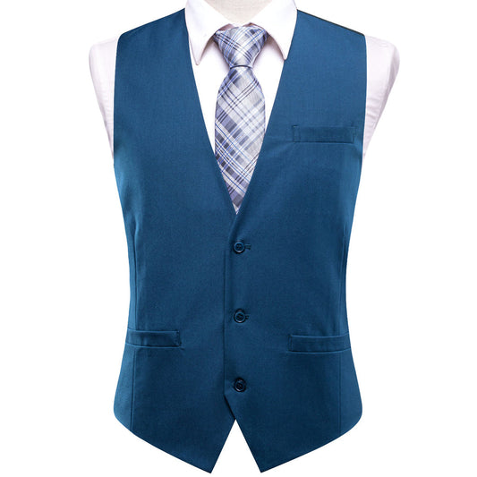 Lake Blue Cotton Solid Splicing Jacquard Men's Vest Set vest set S (Chest 40")   - Sophisticated Gentlemen