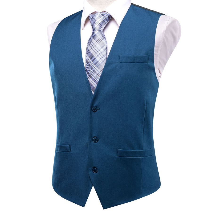 Lake Blue Cotton Solid Splicing Jacquard Men's Vest Set vest set    - Sophisticated Gentlemen