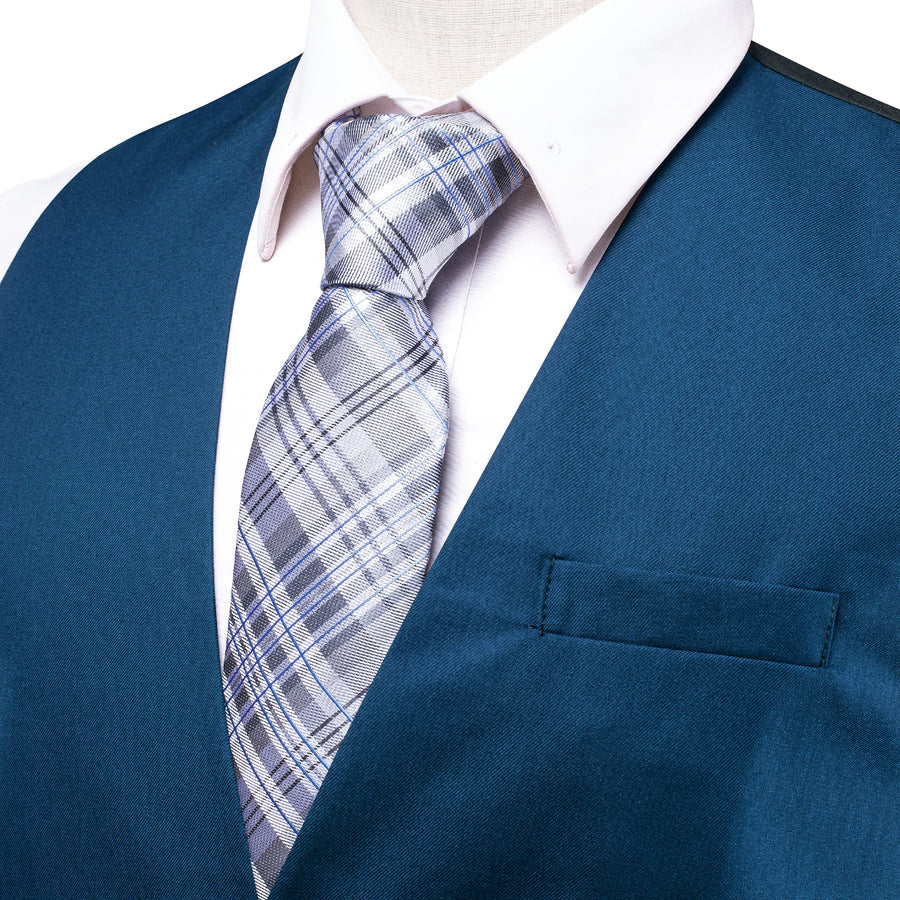 Lake Blue Cotton Solid Splicing Jacquard Men's Vest Set vest set    - Sophisticated Gentlemen