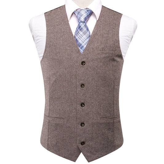 Coffee Brown Solid Wool Splicing Jacquard Vest Set vest set S (Chest 40")   - Sophisticated Gentlemen