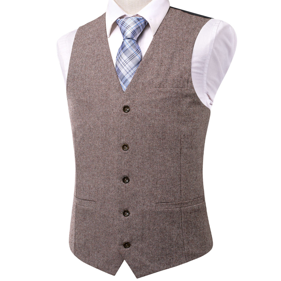 Coffee Brown Solid Wool Splicing Jacquard Vest Set vest set    - Sophisticated Gentlemen