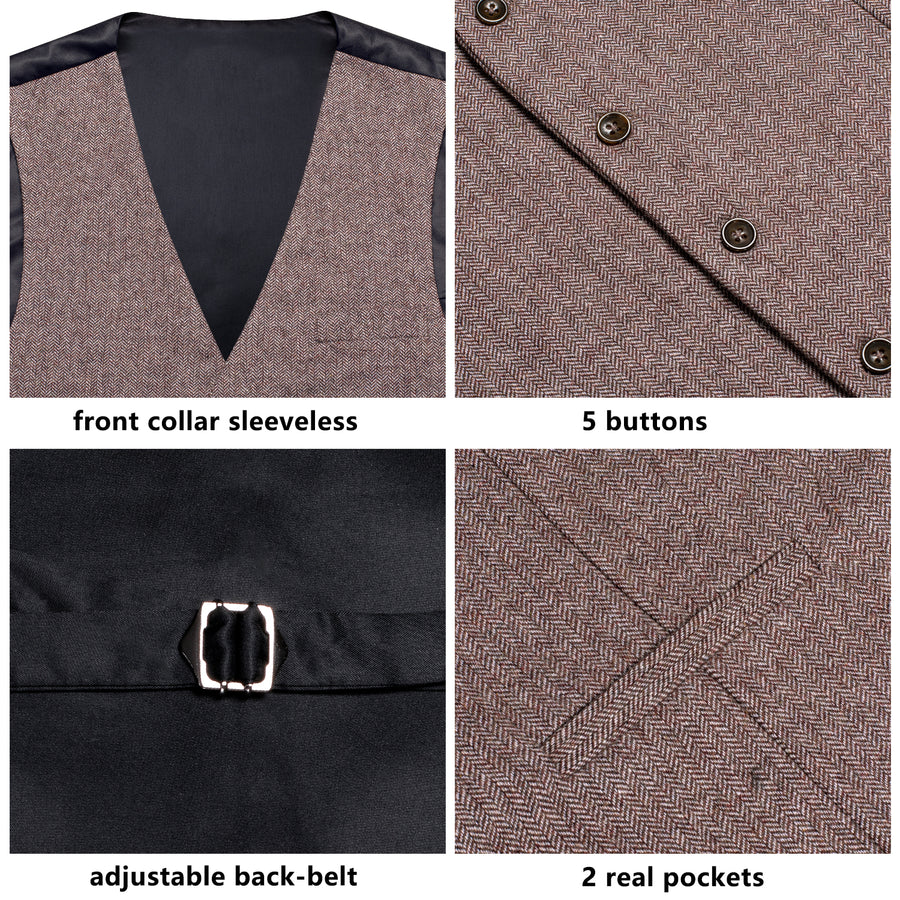 Coffee Brown Solid Wool Splicing Jacquard Vest Set vest set    - Sophisticated Gentlemen