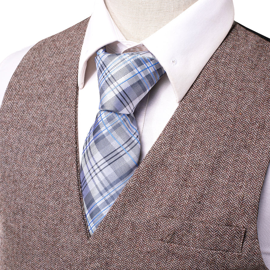 Coffee Brown Solid Wool Splicing Jacquard Vest Set vest set    - Sophisticated Gentlemen
