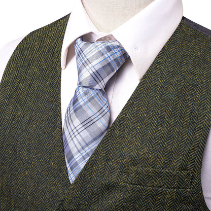 Dark Green Solid Wool Splicing Jacquard Men's Vest Set vest set    - Sophisticated Gentlemen