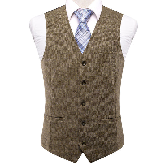 Yellow Brown Solid Wool Splicing Jacquard Vest Set vest set S (Chest 40")   - Sophisticated Gentlemen