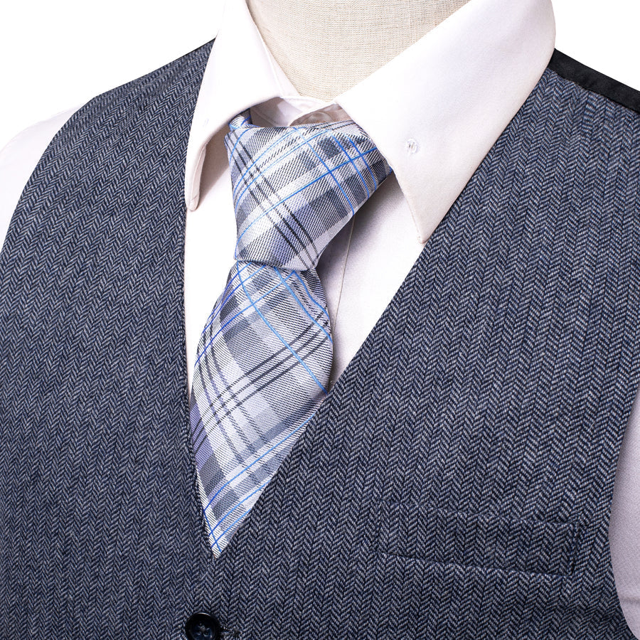 Blue Gray Solid Wool Splicing Jacquard Men's Vest Set vest set    - Sophisticated Gentlemen