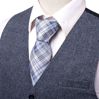 Blue Gray Solid Wool Splicing Jacquard Men's Vest Set vest set    - Sophisticated Gentlemen