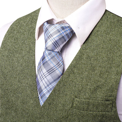 Green Solid Wool Splicing Jacquard Men's Vest Set vest set S (Chest 40")   - Sophisticated Gentlemen