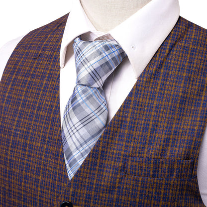 Golden Blue Plaid Wool Splicing Jacquard Men's Vest Set vest set    - Sophisticated Gentlemen