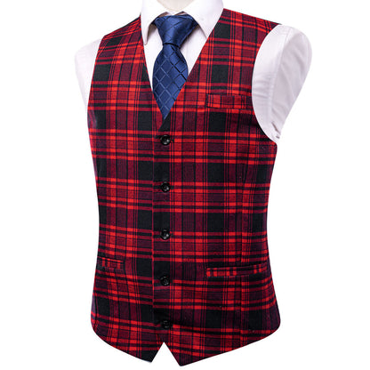 Black Red Plaid Wool Splicing Jacquard Vest Set vest set    - Sophisticated Gentlemen