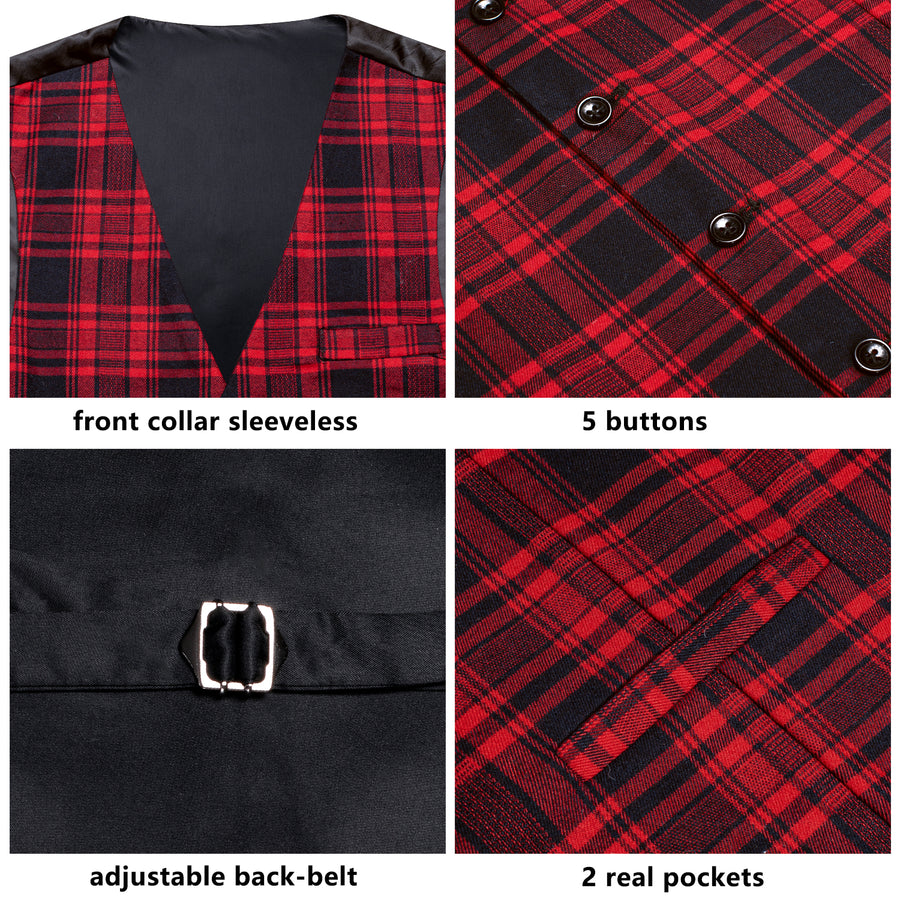 Black Red Plaid Wool Splicing Jacquard Vest Set vest set    - Sophisticated Gentlemen