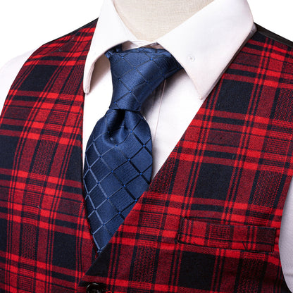 Black Red Plaid Wool Splicing Jacquard Vest Set vest set    - Sophisticated Gentlemen