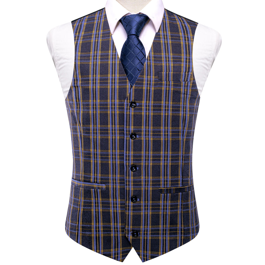 Blue Gray Plaid Wool Splicing Jacquard Men's Vest Set vest set S (Chest 40")   - Sophisticated Gentlemen
