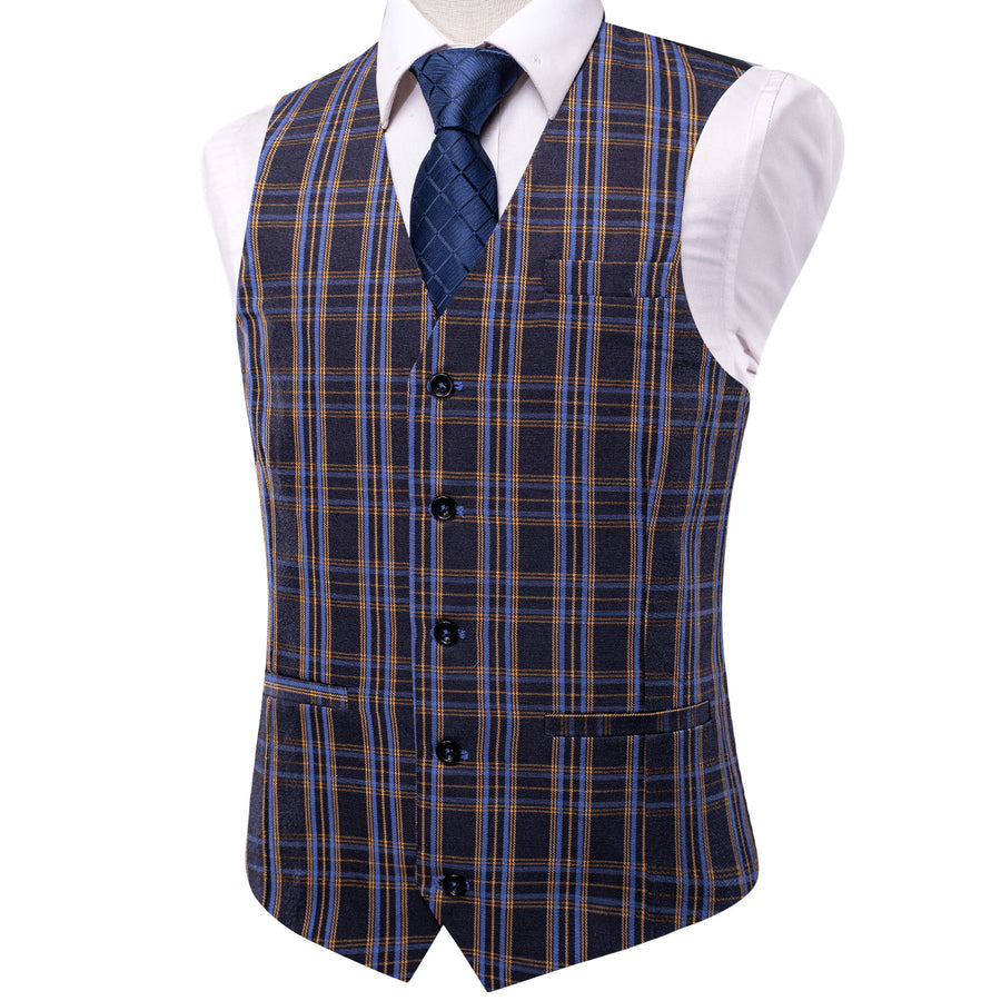 Blue Gray Plaid Wool Splicing Jacquard Men's Vest Set vest set    - Sophisticated Gentlemen