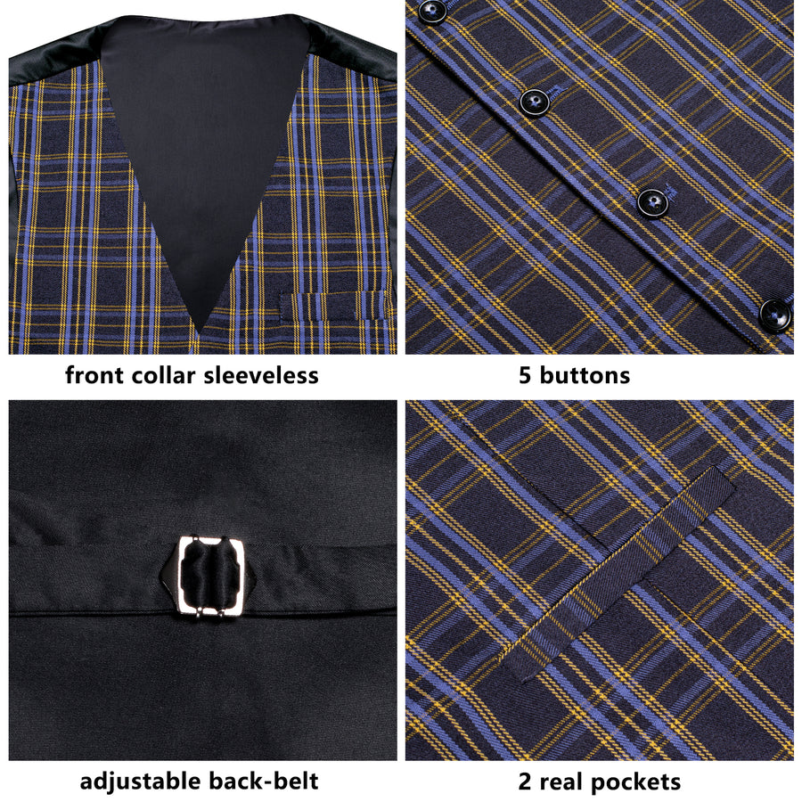 Blue Gray Plaid Wool Splicing Jacquard Men's Vest Set vest set    - Sophisticated Gentlemen