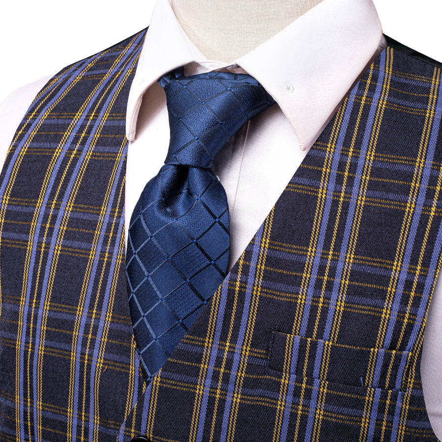 Blue Gray Plaid Wool Splicing Jacquard Men's Vest Set vest set    - Sophisticated Gentlemen