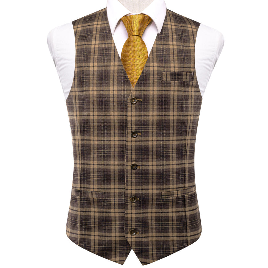 Brown Plaid Wool Splicing Jacquard Men's Vest Set vest set S (Chest 40")   - Sophisticated Gentlemen