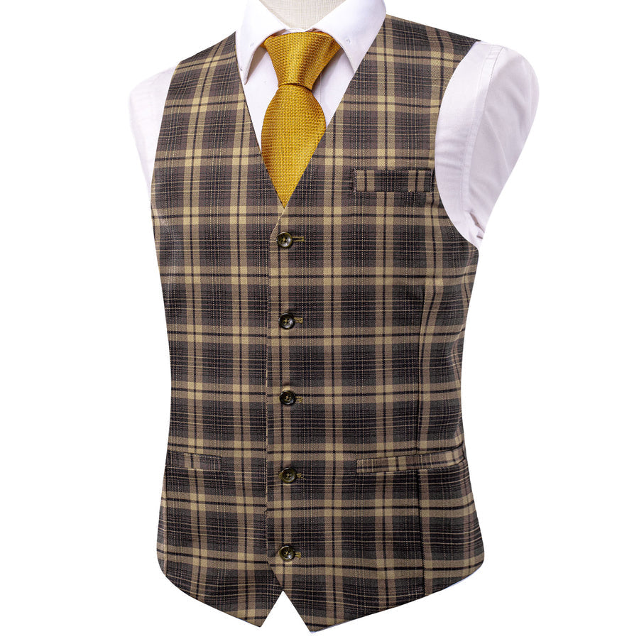 Brown Plaid Wool Splicing Jacquard Men's Vest Set vest set    - Sophisticated Gentlemen