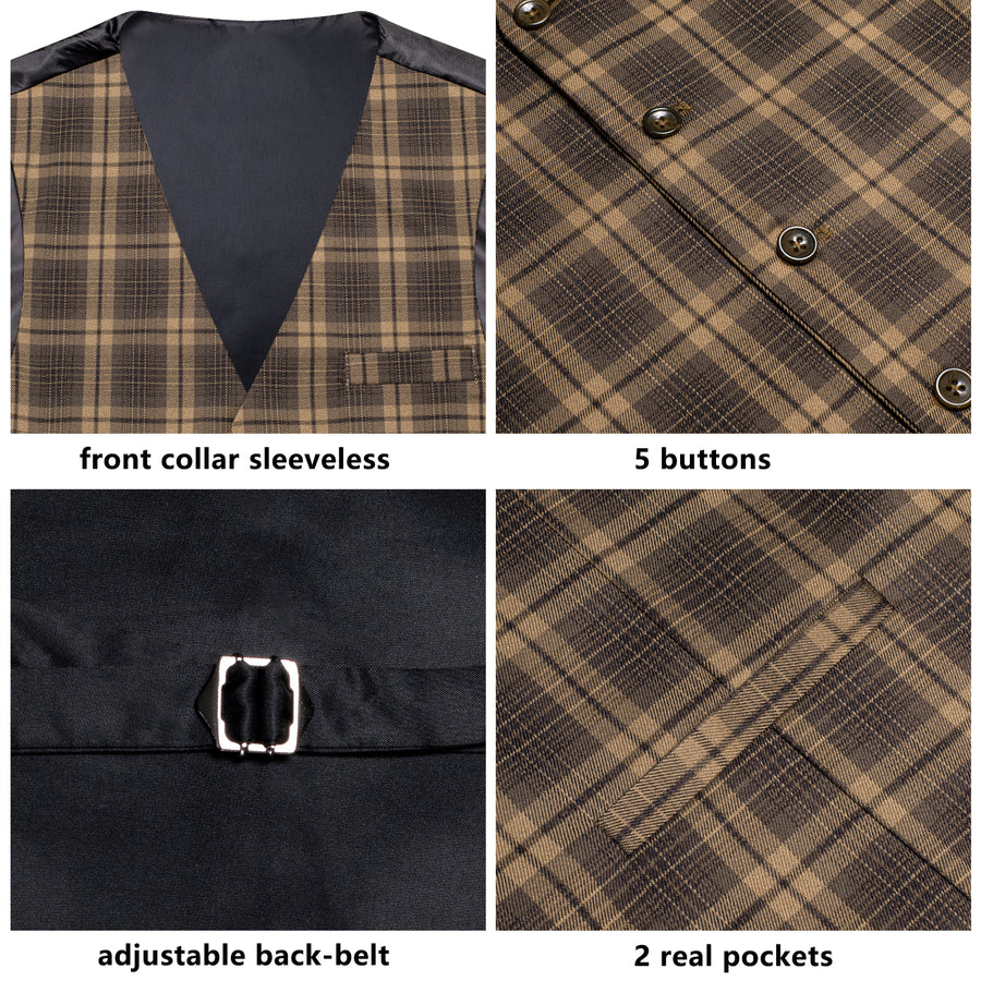 Brown Plaid Wool Splicing Jacquard Men's Vest Set vest set    - Sophisticated Gentlemen