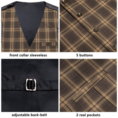 Brown Plaid Wool Splicing Jacquard Men's Vest Set vest set    - Sophisticated Gentlemen