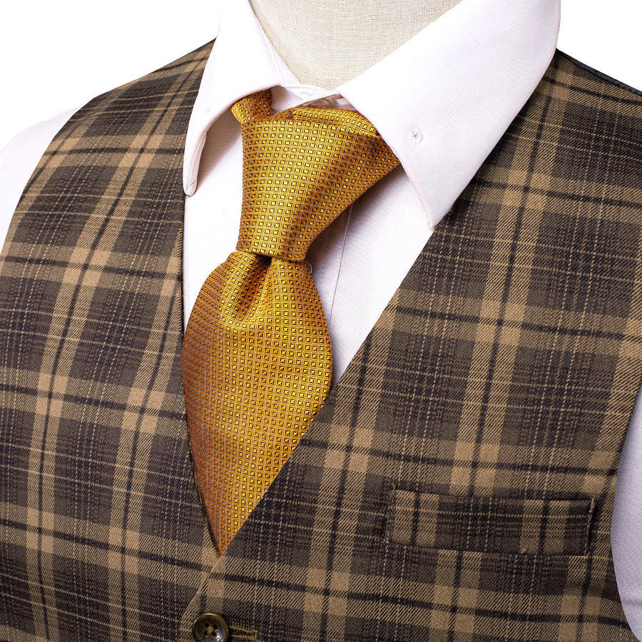 Brown Plaid Wool Splicing Jacquard Men's Vest Set vest set    - Sophisticated Gentlemen
