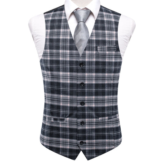 Gray Plaid Wool Splicing Jacquard Men's Vest Set vest set S (Chest 40")   - Sophisticated Gentlemen