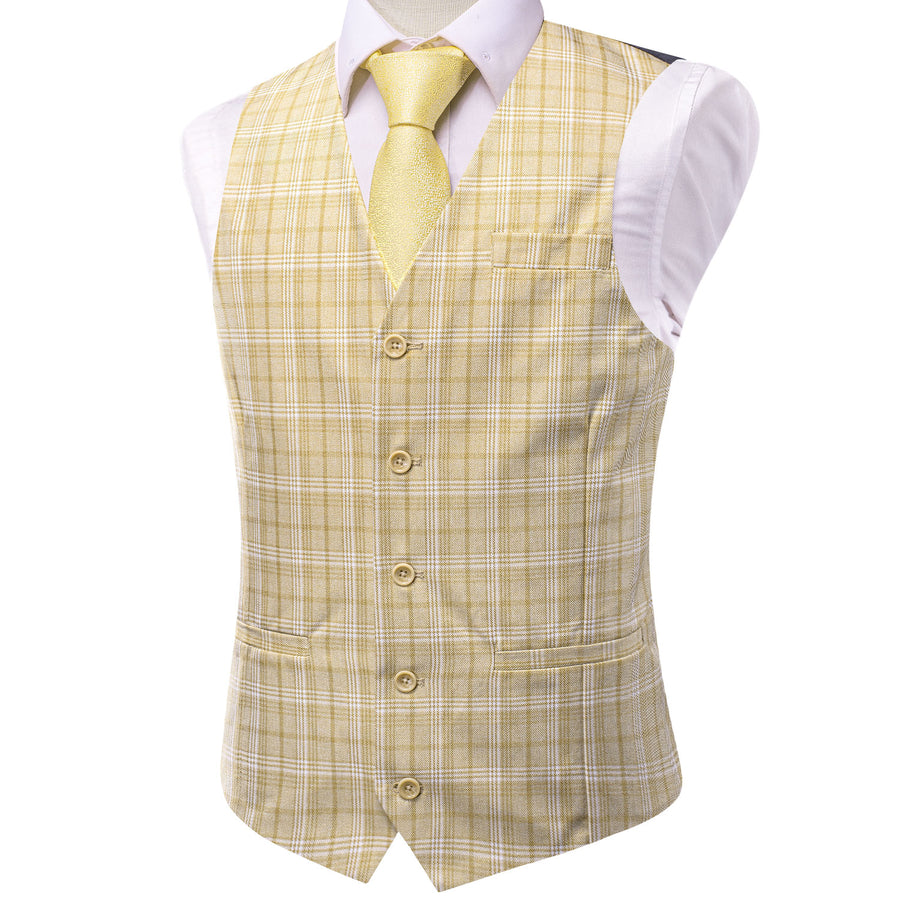 Light Yellow Plaid Splicing Jacquard Men's Vest Set vest set    - Sophisticated Gentlemen
