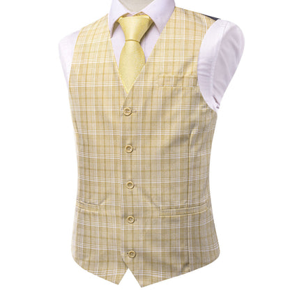 Light Yellow Plaid Splicing Jacquard Men's Vest Set vest set    - Sophisticated Gentlemen