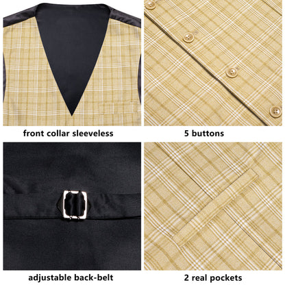 Light Yellow Plaid Splicing Jacquard Men's Vest Set vest set    - Sophisticated Gentlemen