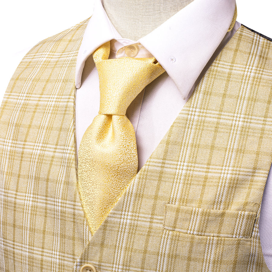 Light Yellow Plaid Splicing Jacquard Men's Vest Set vest set    - Sophisticated Gentlemen