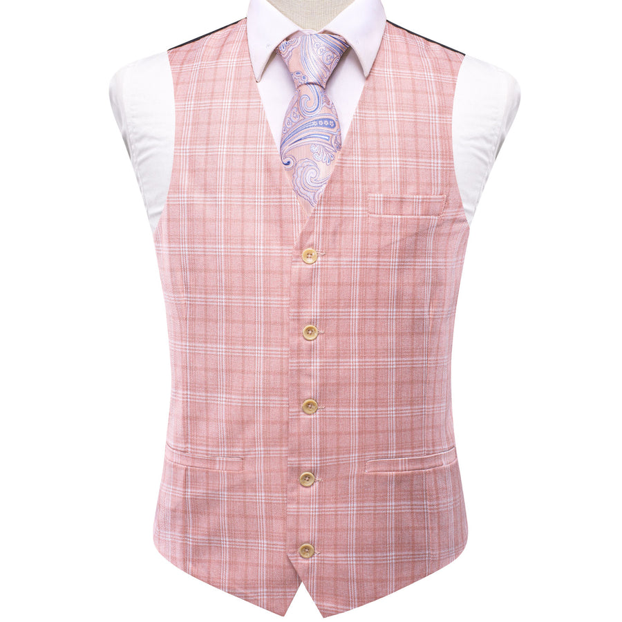 Pink White Plaid Splicing Jacquard Men's Vest Set vest set S (Chest 40")   - Sophisticated Gentlemen