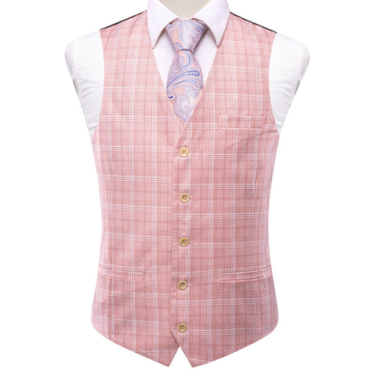 Pink White Plaid Splicing Jacquard Men's Vest Set vest set S (Chest 40")   - Sophisticated Gentlemen