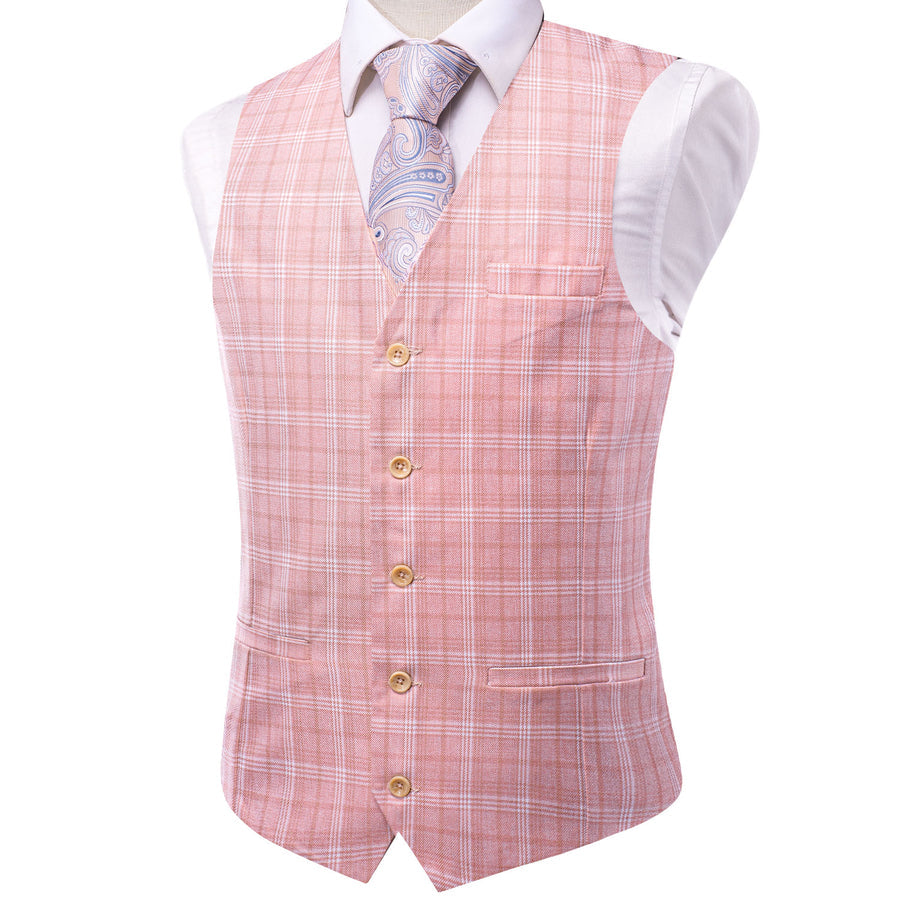 Pink White Plaid Splicing Jacquard Men's Vest Set vest set    - Sophisticated Gentlemen